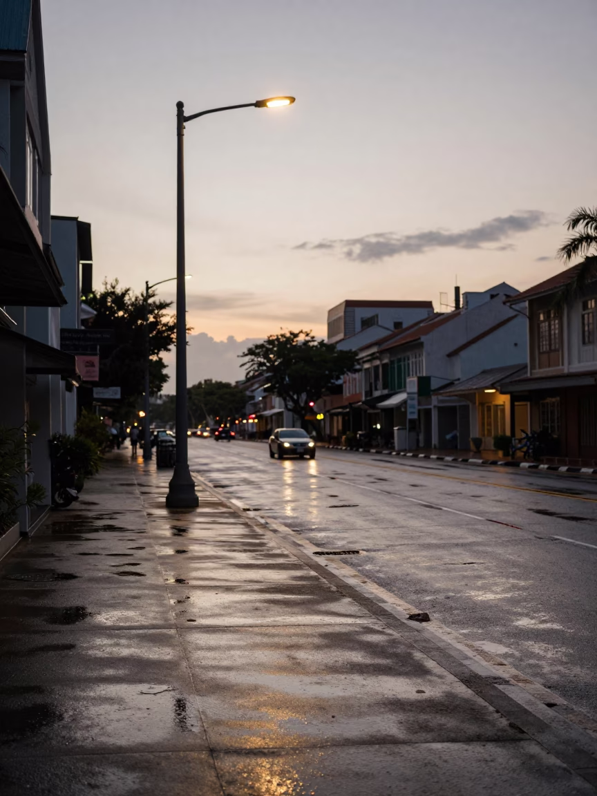 Nautical Dawn in Singapore Street with Dew and Wet Concrete in in Singapore, Singapore