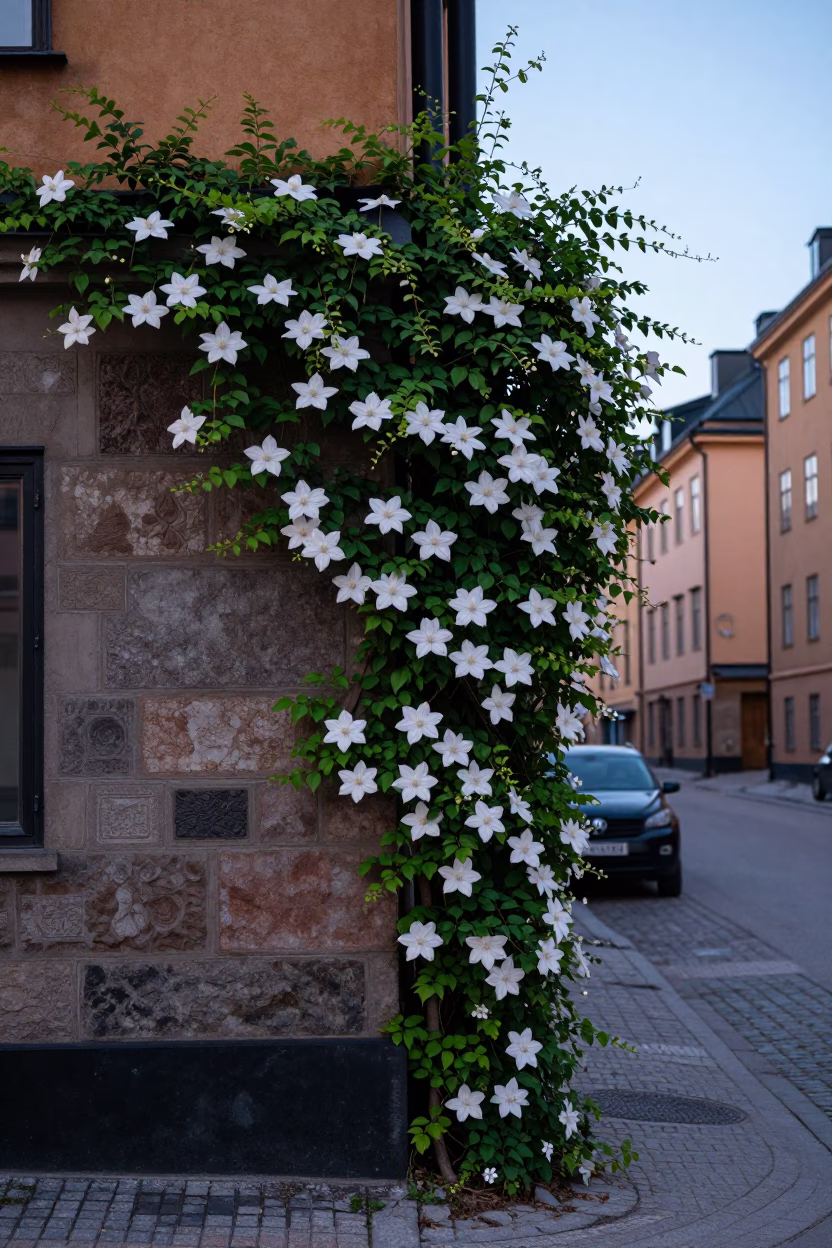 Nautical Dawn in Stockholm Sweden with Clematis Vine on Stone Wall and Weather Station in in Stockholm, Sweden