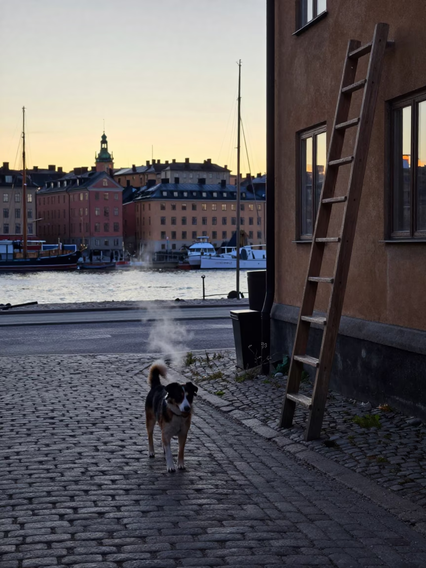 Nautical Dawn in Stockholm Sweden with Dog Walking and Wooden Ladder in in Stockholm, Sweden