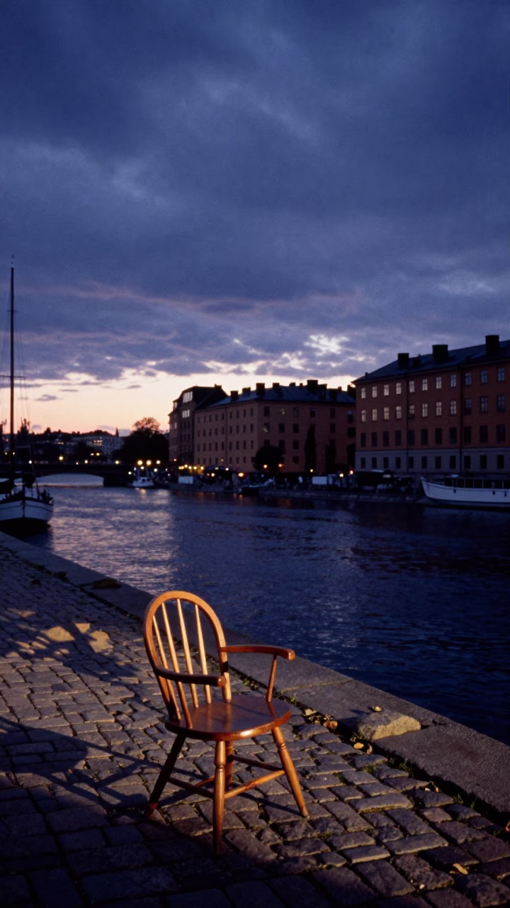 Nautical Dawn in Stockholm Sweden with Leaf Shadows and Spindle Chair in in Stockholm, Sweden
