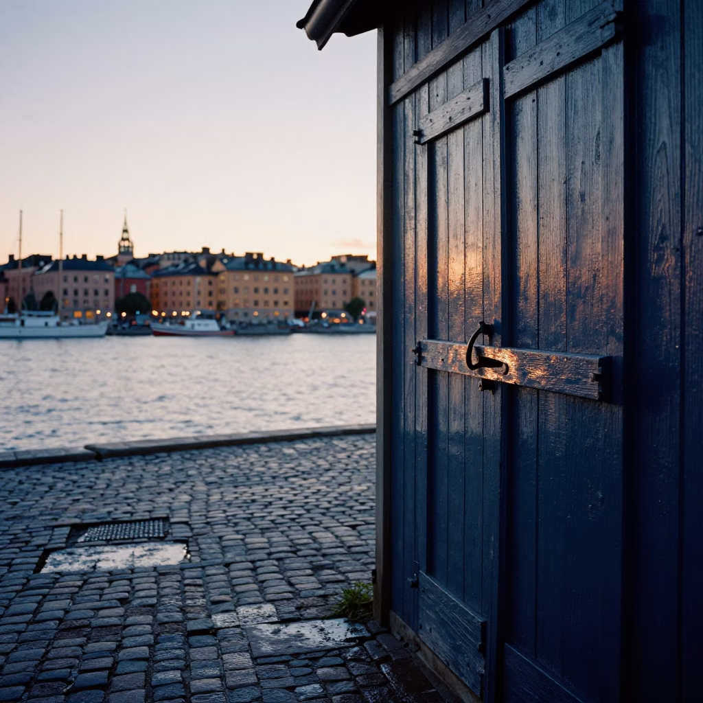 Nautical Dawn in Stockholm Sweden with Vintage Film Grain and Urban Waterfront Details in in Stockholm, Sweden