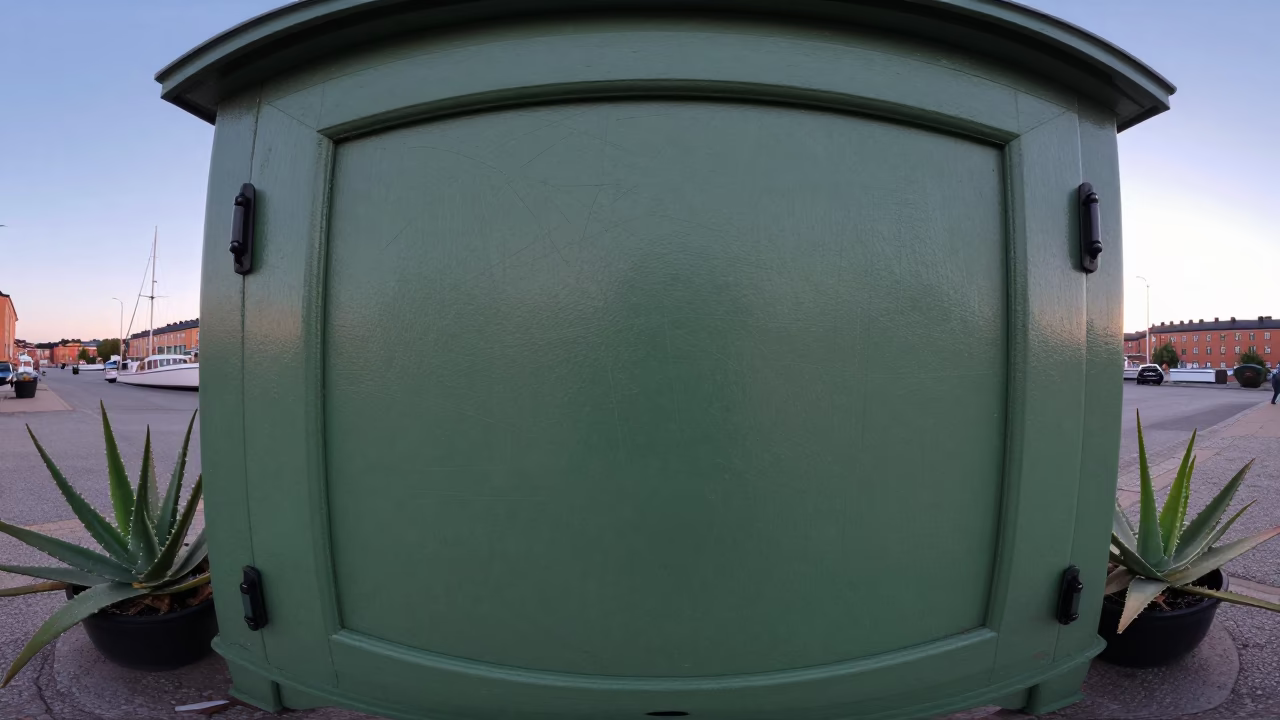 Nautical Dawn in Stockholm Sweden with Vintage Kitchen Cabinet and Aloe Vera Plant in in Stockholm, Sweden