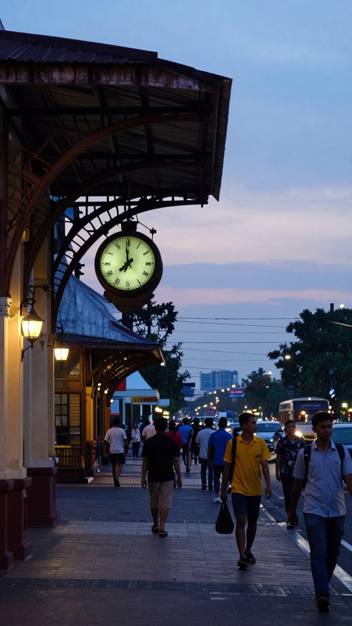 Nautical Dawn in Surabaya Indonesia Street Scene with Vintage Train Station Clock in in Surabaya, Indonesia