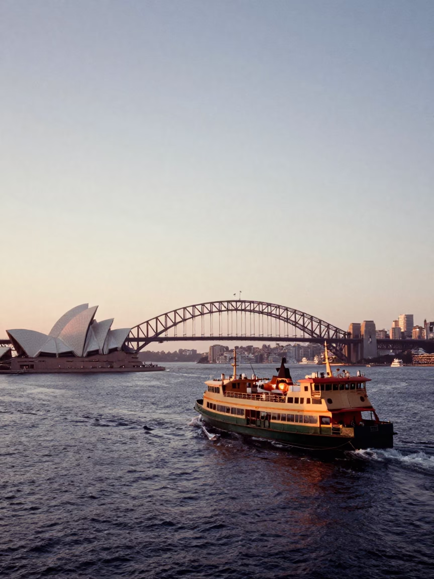 Nautical Dawn in Sydney Harbour with Ferry and Urban Skyline in in Sydney, New South Wales, Australia