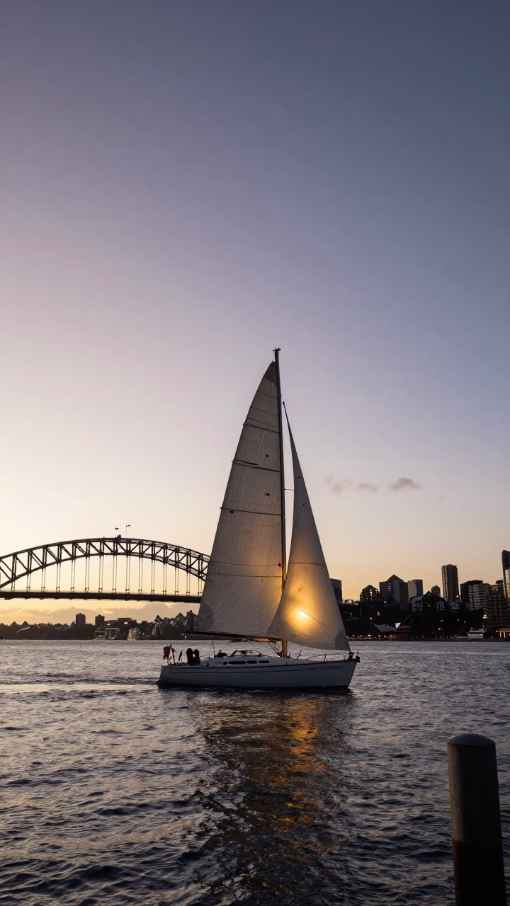 Nautical Dawn in Sydney Harbour with Sailboat and Wet Drawbridge Deck in in Sydney, New South Wales, Australia
