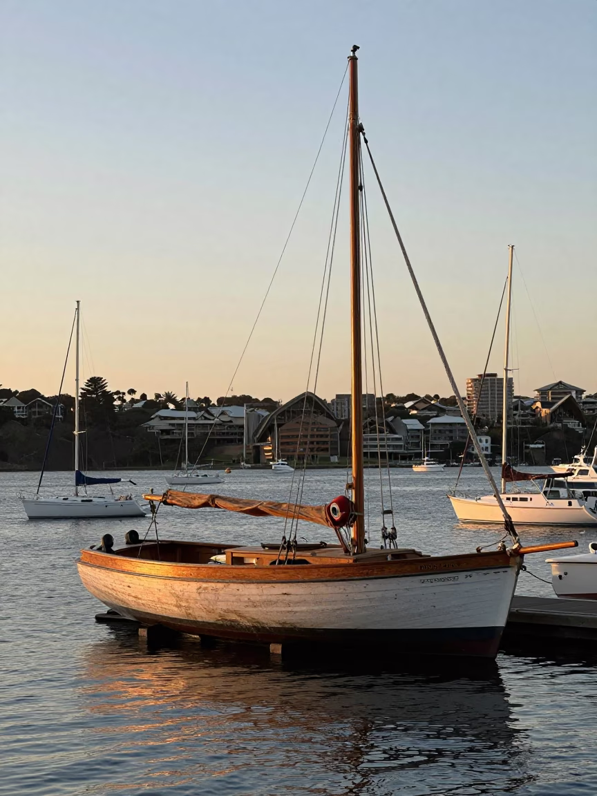 Nautical Dawn in Sydney Harbour Wooden Sailboat in Boatyard in in Sydney, New South Wales, Australia