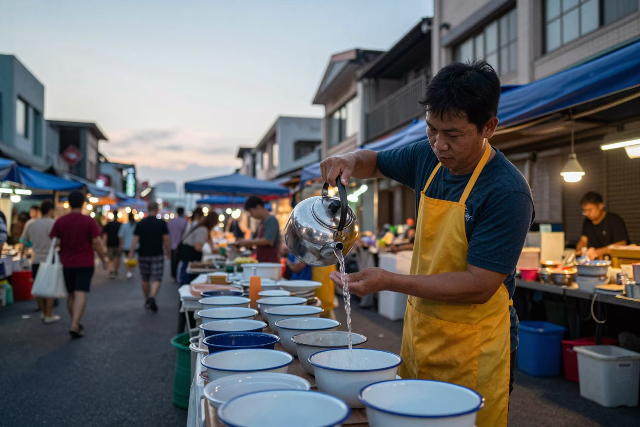 Nautical Dawn in Tainan Taiwan Street Market with Enamel Bowls and Coffee Brewer in in Tainan, Taiwan