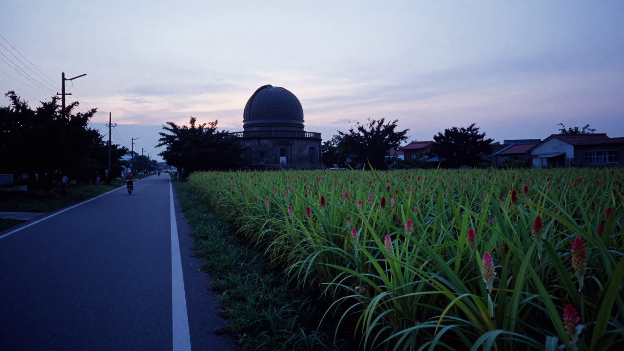 Nautical Dawn in Tainan Taiwan Street Scene with Turmeric Field and Observatory Dome in in Tainan, Taiwan