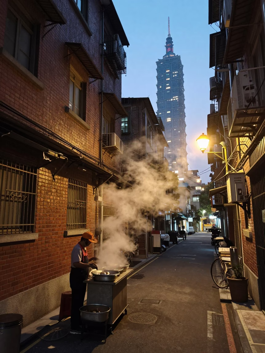 Nautical Dawn in Taipei Street Scene with Steam Haze and Local Vendor Activity in in Taipei, Taiwan