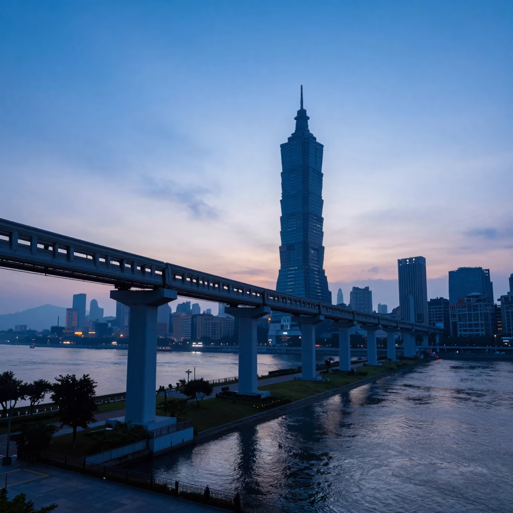 Nautical Dawn in Taipei Taiwan Monorail Sweeping Above River at Blue Hour in in Taipei, Taiwan