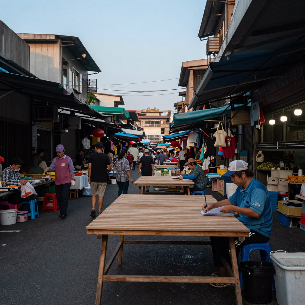 Nautical Dawn in Taipei Wet Market with Drying Rack and Brushed Steel Rail in in Taipei, Taiwan
