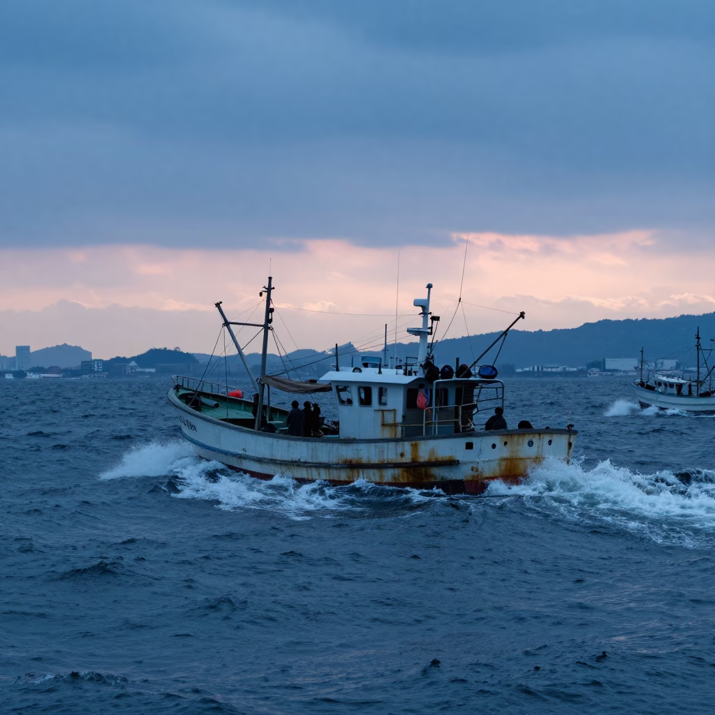 Nautical Dawn in Tokyo Bay Fishing Boat Returning Through Crashing Surf in in Tokyo, Japan