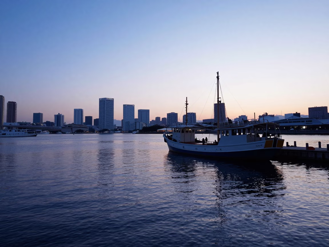 Nautical Dawn in Tokyo Harbor with Junk Boat and Morning Commute in in Tokyo, Japan