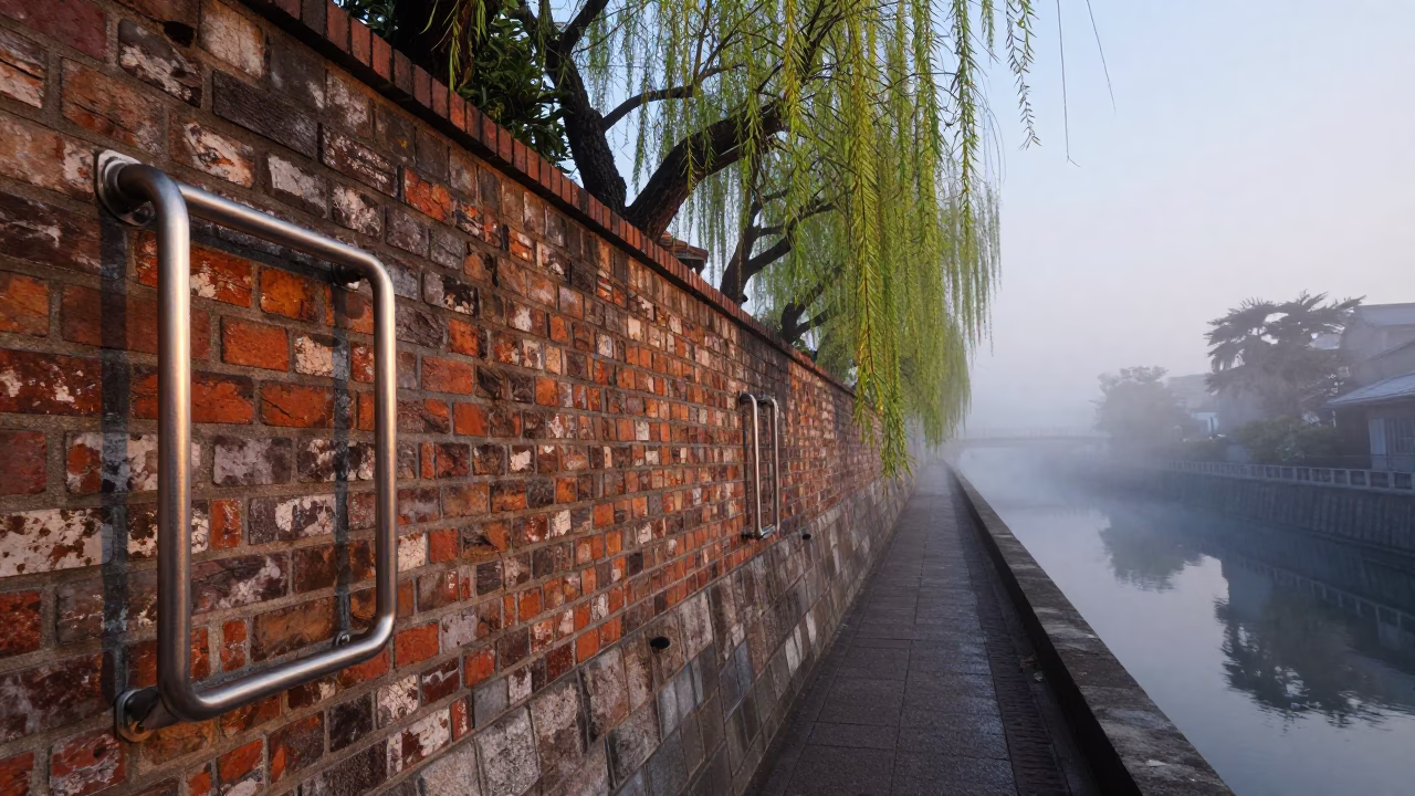 Nautical Dawn in Tokyo Japan Street Scene with Brushed Steel Handle and Willow Tree in in Tokyo, Japan