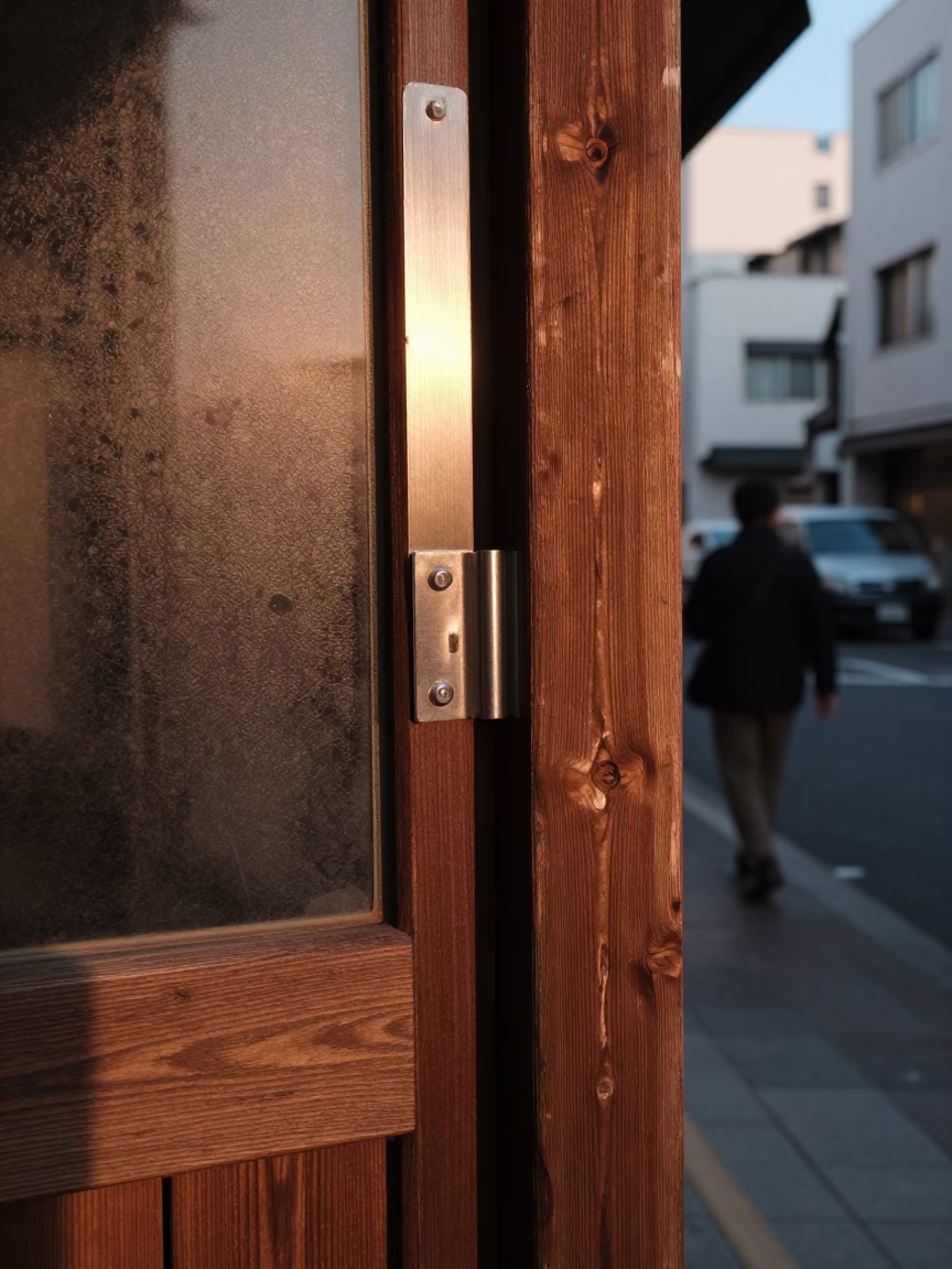 Nautical Dawn in Tokyo Japan Street Scene with Brushed Steel Hinge and Local Commerce in in Tokyo, Japan
