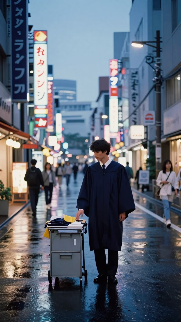 Nautical Dawn in Tokyo Japan Street Scene with Graduation Gown and Teapot in in Tokyo, Japan