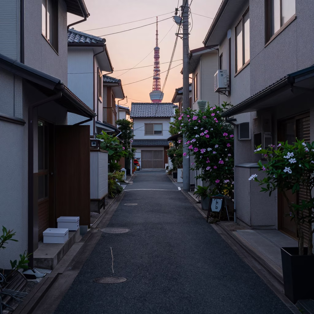 Nautical Dawn in Tokyo Japan Street Scene with Morning Glory and Shoebox in in Tokyo, Japan
