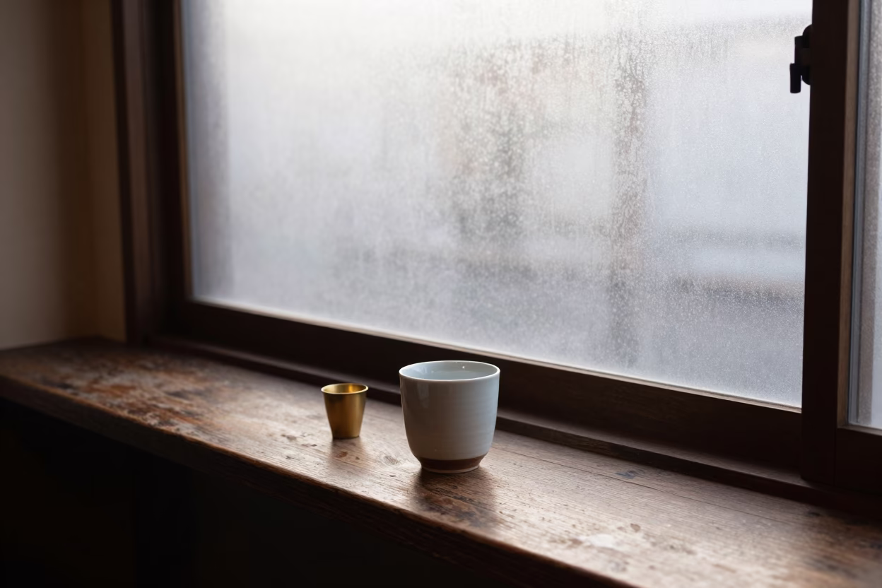 Nautical Dawn in Tokyo Street Cafe with Ceramic Cup and Ship Wheel Decor in in Tokyo, Japan