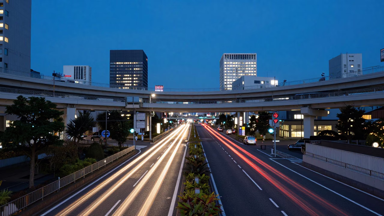 Nautical Dawn in Tokyo Street Scene with Taillight Streaks and Urban Infrastructure in in Tokyo, Japan