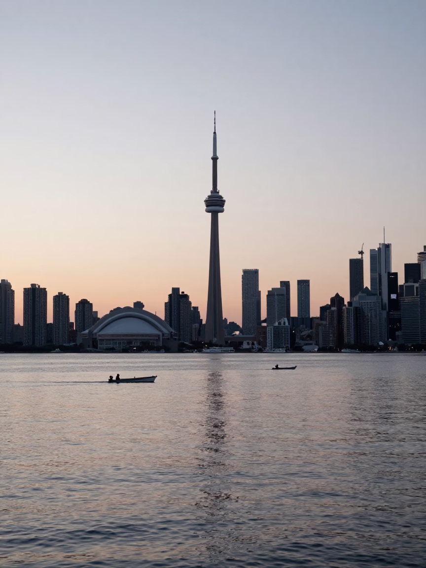 Nautical Dawn in Toronto Ontario Canada with Harbour Skyline and Waterfront Activity in in Toronto, Ontario, Canada