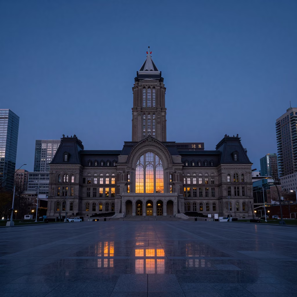 Nautical Dawn in Toronto Ontario City Hall Reflections and City Hall Plaza in in Toronto, Ontario, Canada