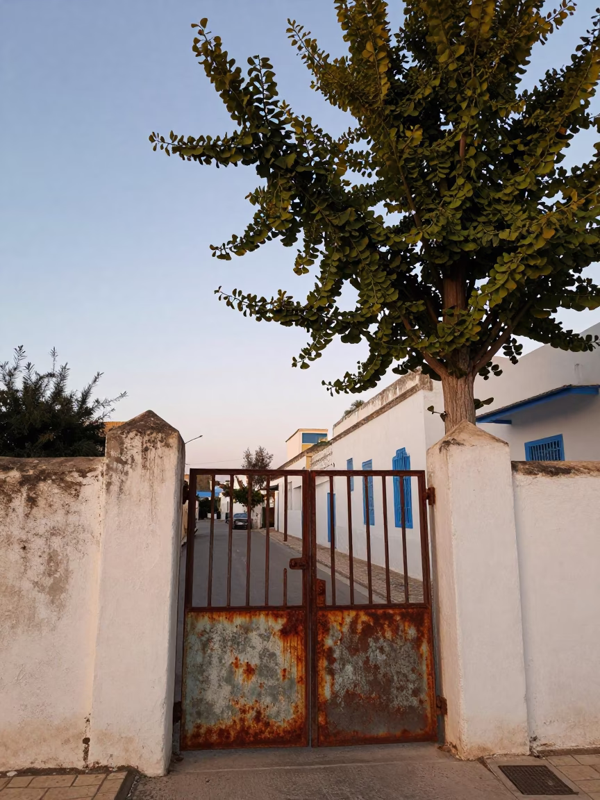 Nautical Dawn in Tunis Tunisia Rusty Gate and Ginkgo Tree Candid Moment in in Tunis, Tunisia