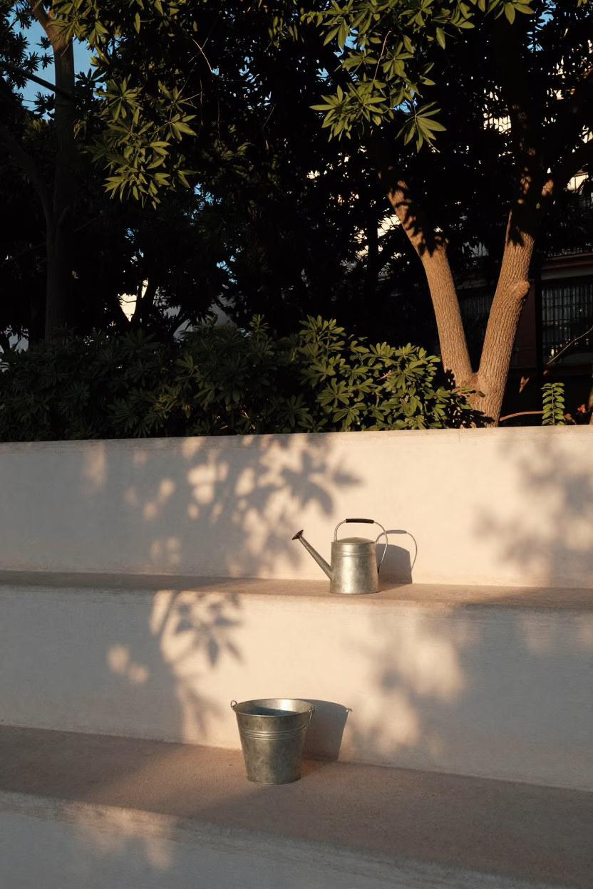 Nautical Dawn in Valencia Spain Watering Jug and Metal Bucket Near Turia Garden in in Valencia, Spain