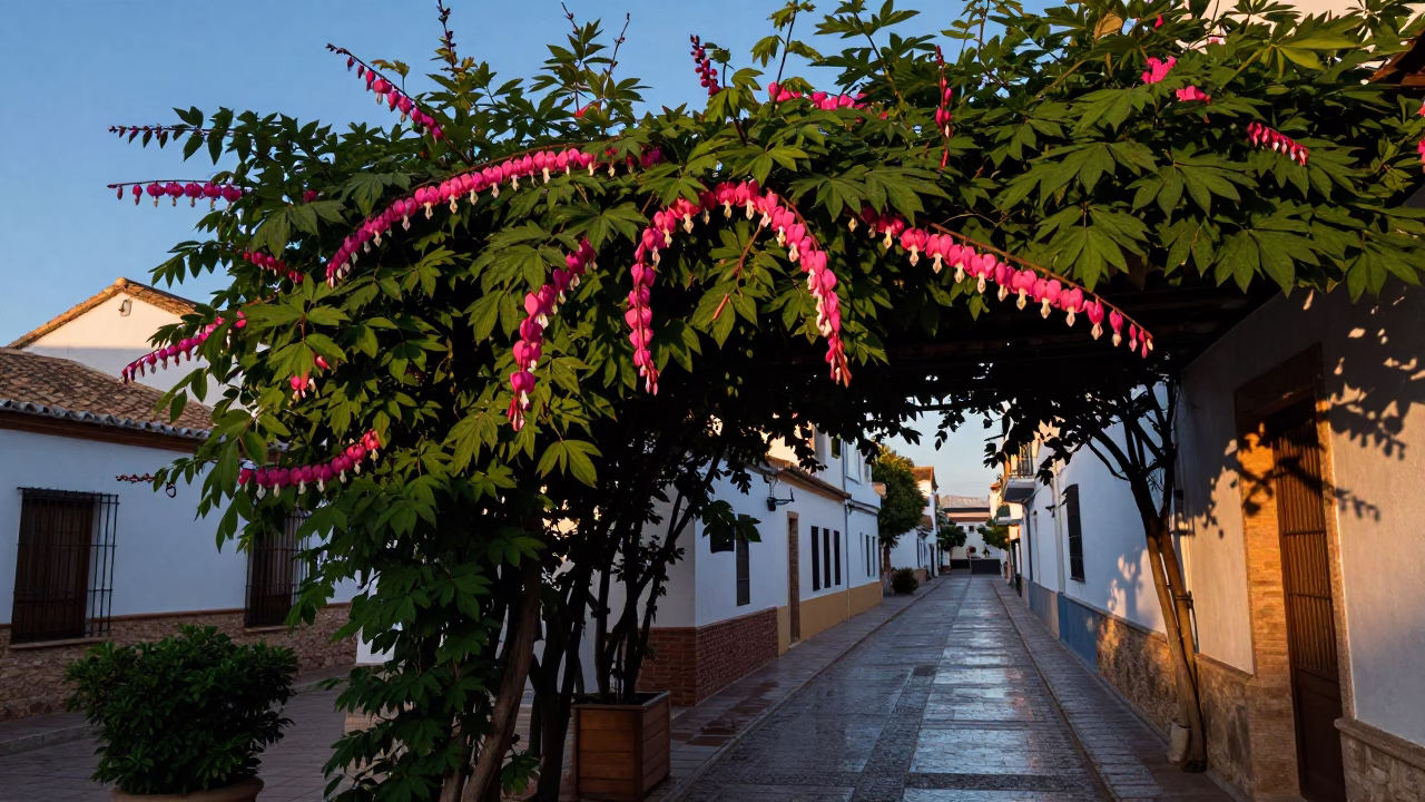 Nautical Dawn in Valencia Spain with Bleeding Heart Vine and Traditional Street Life in in Valencia, Spain