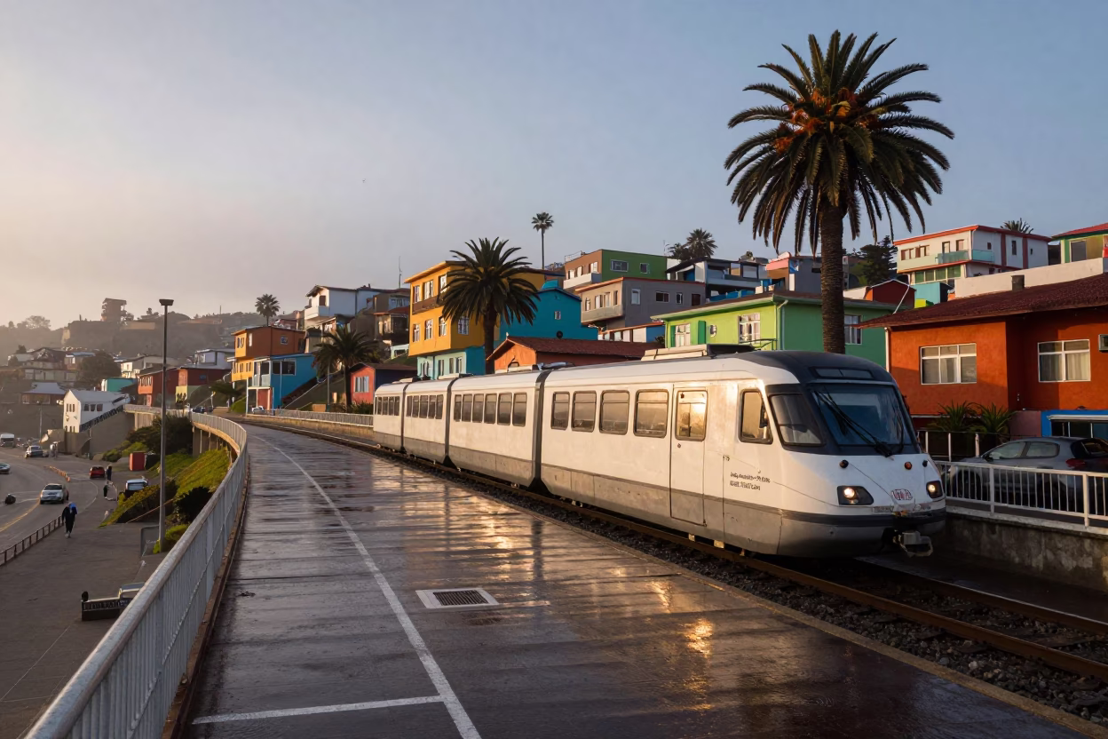 Nautical Dawn in Valparaiso Chile Monorail Passing Colorful Hillside Neighborhood in in Valparaiso, Chile