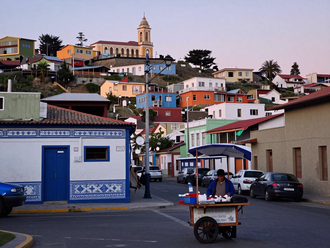Nautical Dawn in Valparaiso Chile Street Scene with Blue White Porcelain Bowl in in Valparaiso, Chile