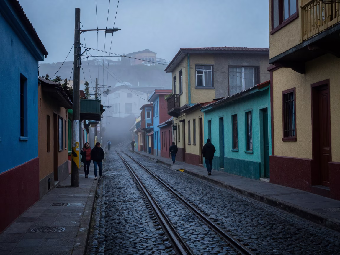 Nautical Dawn in Valparaiso Chile Street Scene with Condensation on Rail in in Valparaiso, Chile