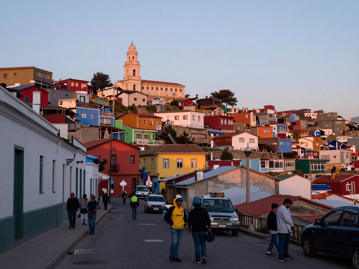Nautical Dawn in Valparaiso Chile Street Scene with Workers and Colorful Architecture in in Valparaiso, Chile