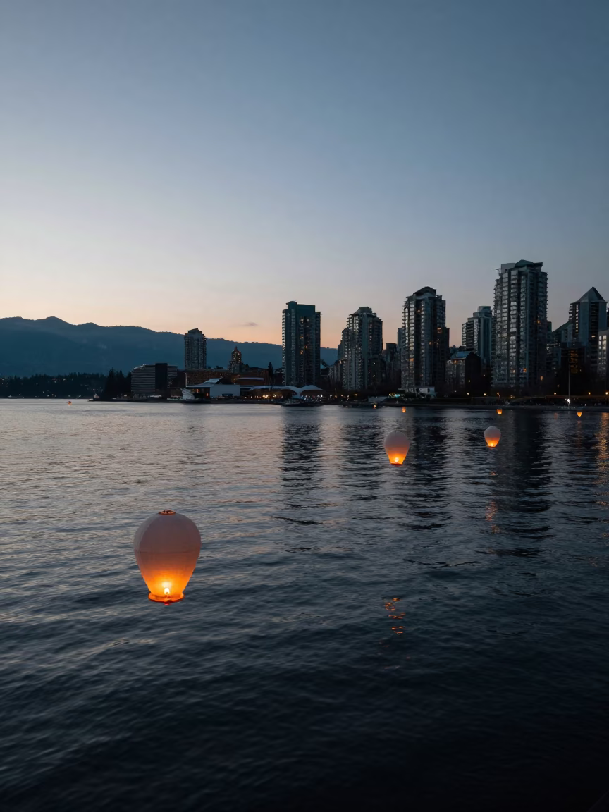 Nautical Dawn in Vancouver British Columbia Canada with Floating Paper Lanterns on Water in in Vancouver, British Columbia, Canada