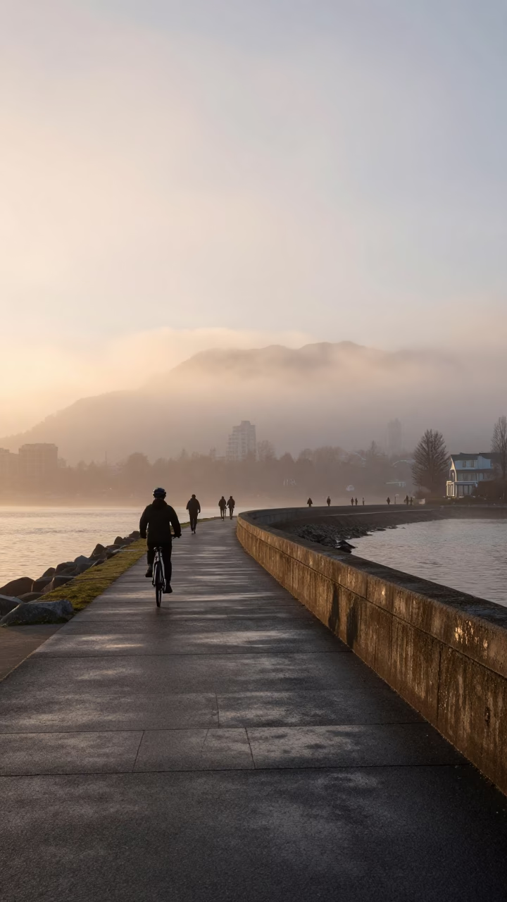 Nautical Dawn in Vancouver British Columbia with Seawall Path and Morning Commuters in in Vancouver, British Columbia, Canada