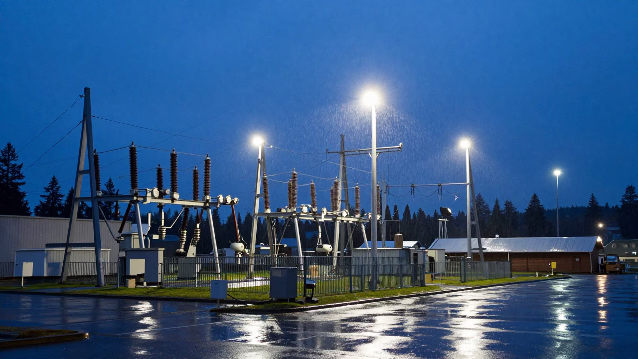 Nautical Dawn in Vancouver British Columbia with Substation Insulators Sparkling Under Floodlights in in Vancouver, British Columbia, Canada