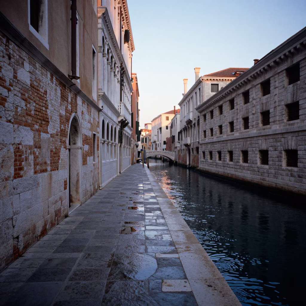 Nautical Dawn in Venice Italy Mossy Stone Walls and Quiet Canal Reflections in in Venice, Italy