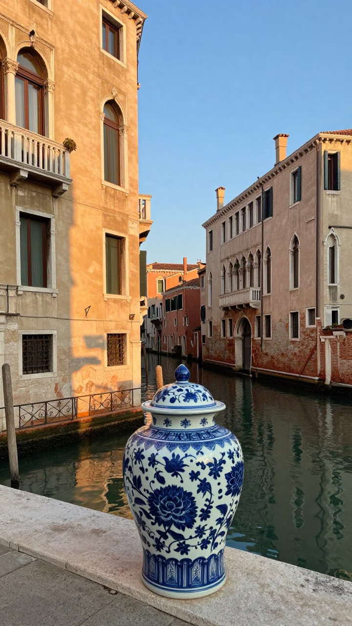 Nautical Dawn in Venice Italy with Blue and White Porcelain Jar on Balcony in in Venice, Italy