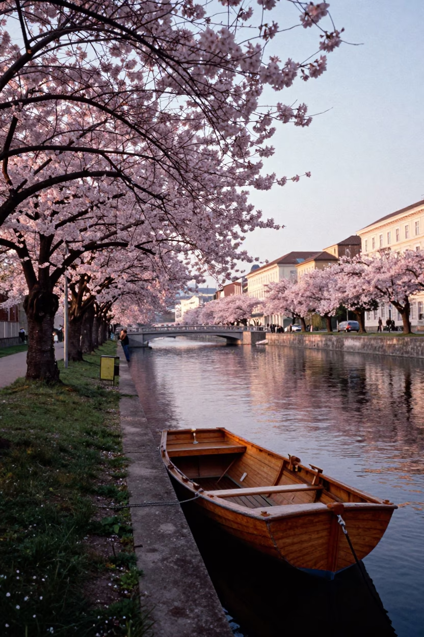 Nautical Dawn in Vienna Austria Canal Walk with Cherry Trees and Rowboat in in Vienna, Austria