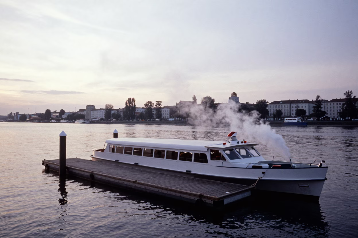 Nautical Dawn in Vienna Austria with Water Taxi at Floating Dock and Cobblestone Streets in in Vienna, Austria