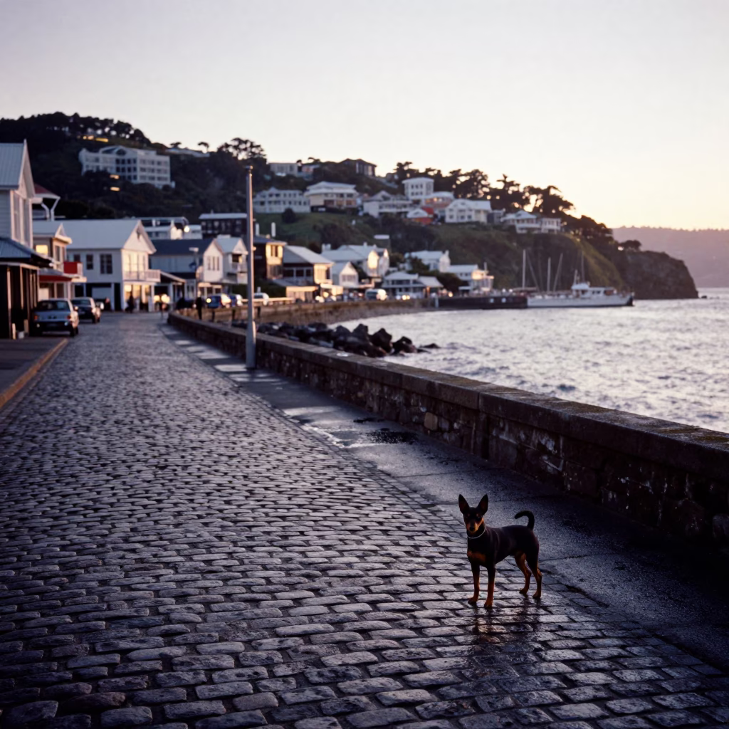 Nautical Dawn in Wellington New Zealand with Miniature Pinscher on Cobblestone Street in in Wellington, New Zealand