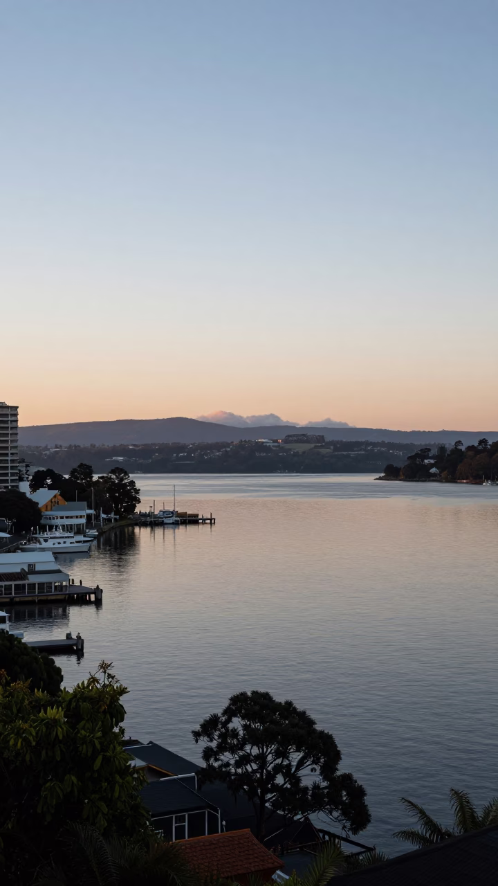 Nautical Dawn Landscape of Hobart Tasmania Australia with Waterfront and Distant Hills in in Hobart, Tasmania, Australia