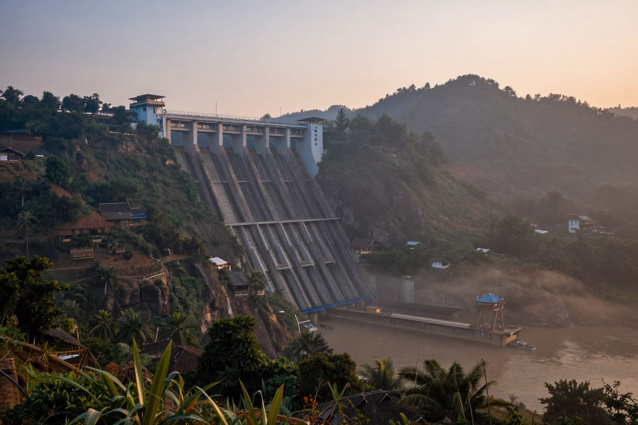 Nautical Dawn Landscape of Luang Prabang Laos with Hydroelectric Penstock Descending Mountain Flank in in Luang Prabang, Laos