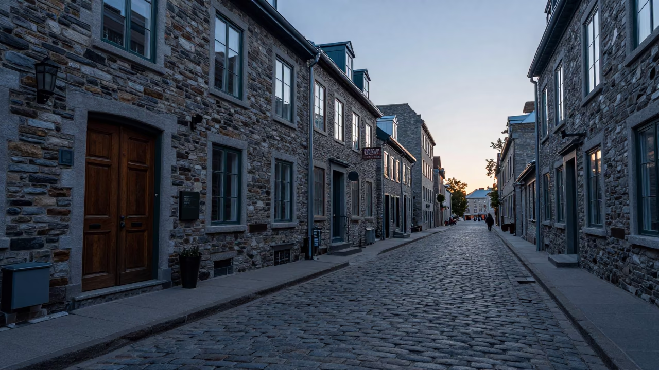 Nautical Dawn Light Falls on Cobblestone Street in Old Quebec City in in Quebec City, Quebec, Canada
