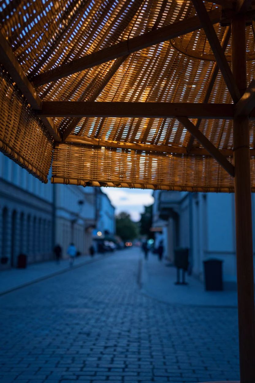 Nautical Dawn Light Filtering Through Woven Cane Awning in Historic Vienna Street Corner in in Vienna, Austria