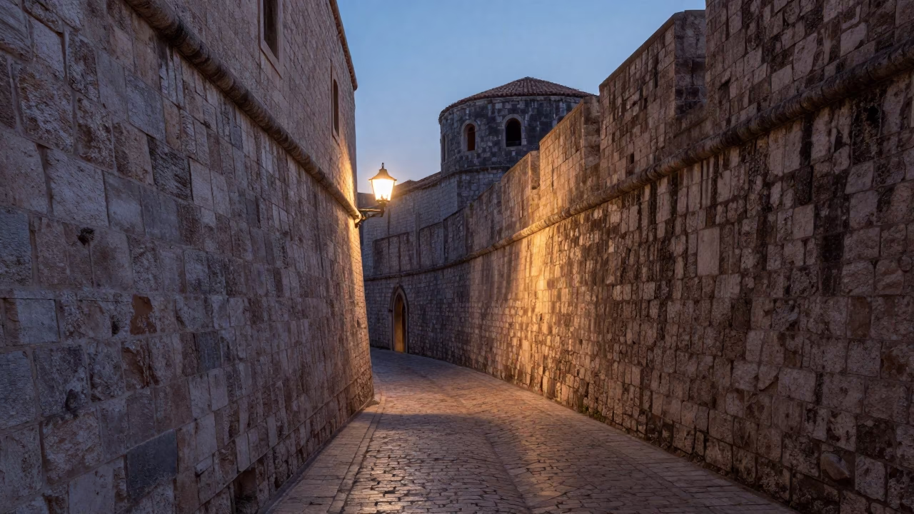 Nautical Dawn Light Illuminates Ancient Stone Walls and Cobblestone Streets of Dubrovnik Croatia in in Dubrovnik, Croatia