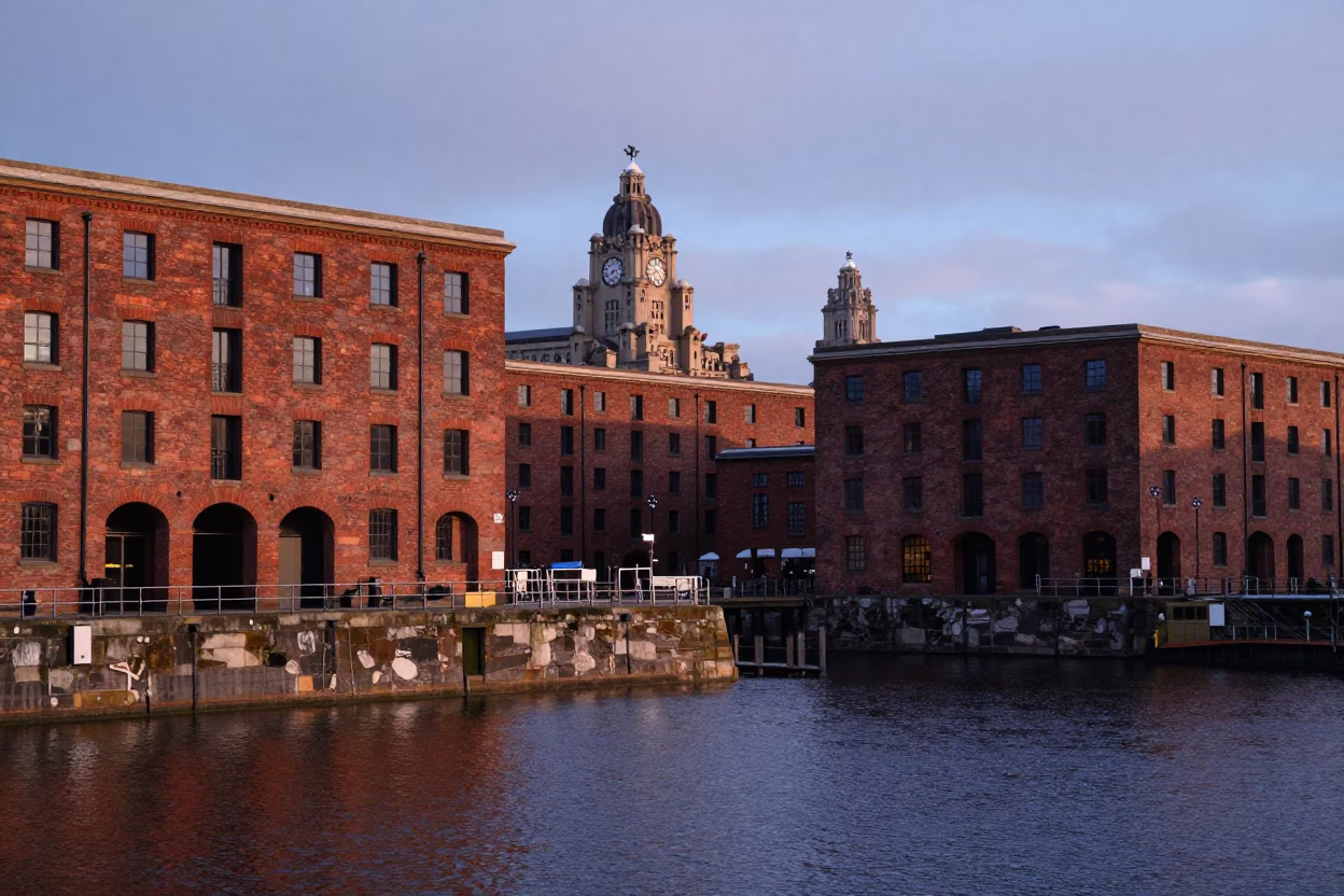 Nautical Dawn Light Illuminates Historic Liverpool Dockside Architecture and Waterfront Details in in Liverpool, United Kingdom