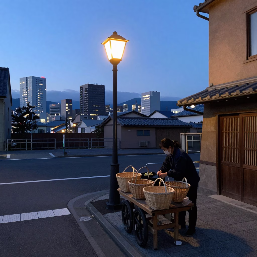 Nautical Dawn Light Illuminates Sapporo Street Scene with Woven Baskets and Urban Life in in Sapporo, Japan