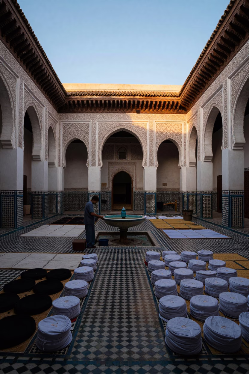 Nautical Dawn Light Illuminates Traditional Fez Courtyard with Drying Textiles and Local Artisan Activity in in Fez, Morocco