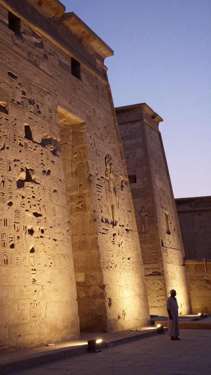 Nautical Dawn Light Illuminating Ancient Luxor Stone Walls and Local Market Activity in in Luxor, Egypt