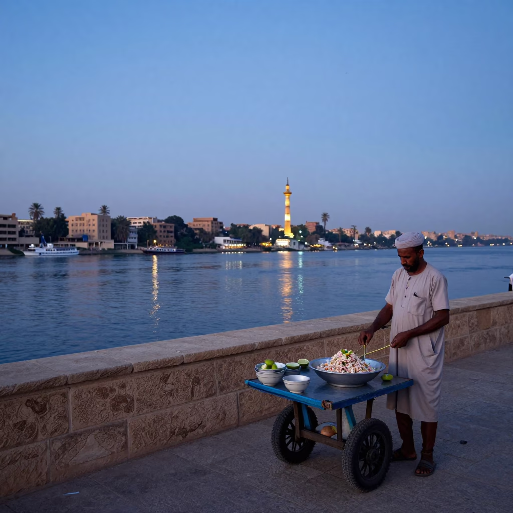 Nautical Dawn Light Illuminating Cairo Nile River Bank and Urban Skyline in in Cairo, Egypt